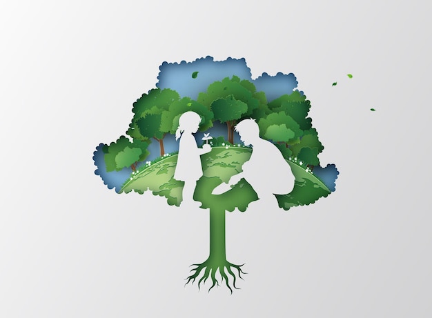 natuur en milieu concept met vader en dochter planten een boom .paper cut en digitale ambachtelijke stijl.