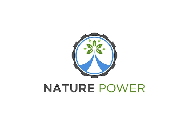 Natuur energiecentrale logo ontwerp tandwiel pictogram groene plant