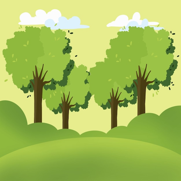 natuur illustrasi achtergrond tamplate een gezellige plek in een minipark met groene bomen, heuvel en struiken