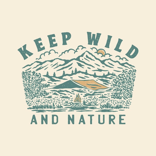 Vector natuur illustratie wilde grafische bergen ontwerp kampvuur vintage t-shirt outdoor