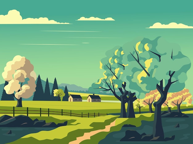 Natuur Landschap Achtergrond Met Bomen Traject En Cottage Illustratie Vector