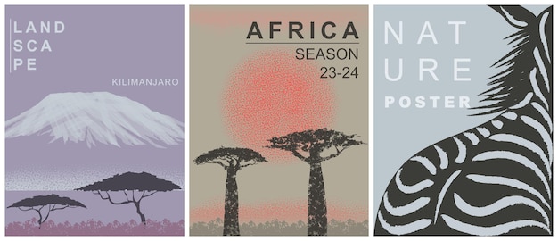 Natuur poster set afrikaans landschap mount kilimanjaro baobab zebra abstract gestructureerde achtergrond afbeelding voor achtergrond poster banner flyer textuur van natuur set vector illustratie