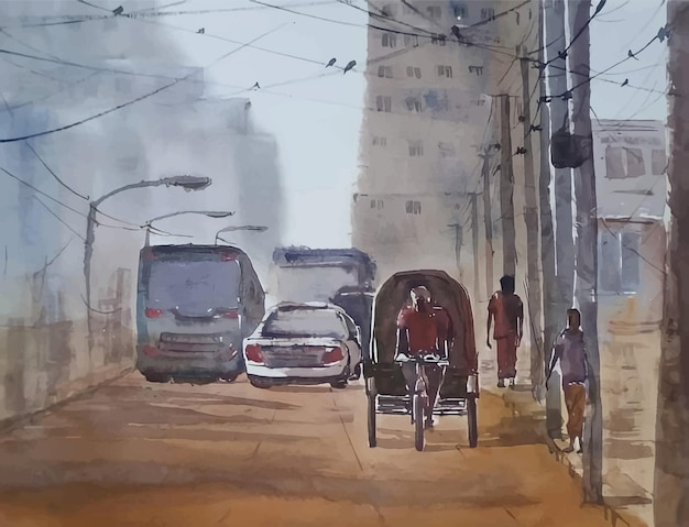 Vector natuur schilderij stadsweg met auto aquarel illustratie