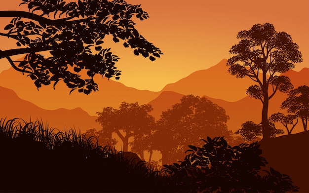 Natuur silhouet illustratie met bos en bergen