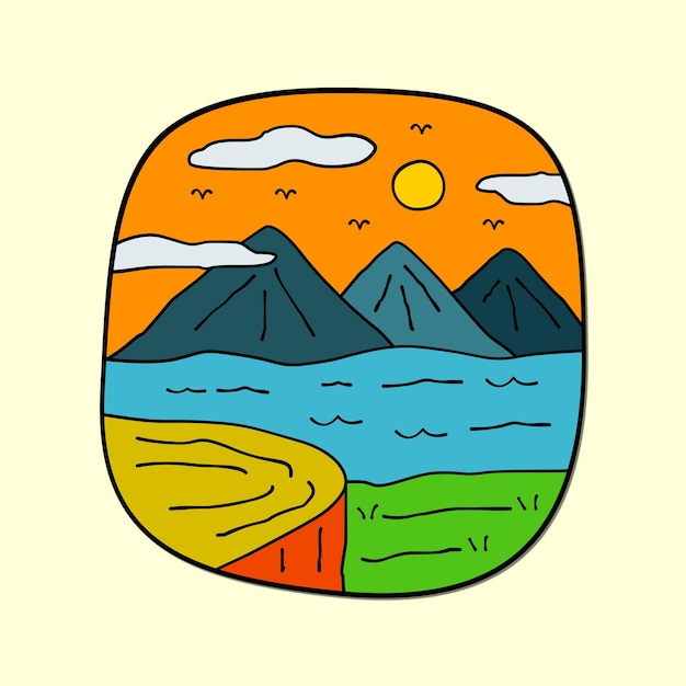 Natuur uitzicht berg en zee lijn badge patch pin grafische illustratie vector kunst tshirt ontwerp