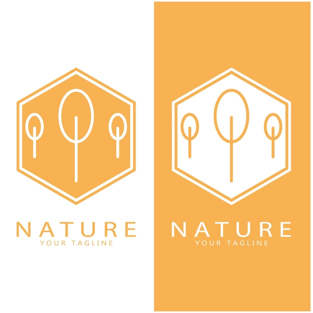 Natuur vector logo met bomen rivieren zeeën bergen zakelijke emblemen reizen badges ecologische gezondheid