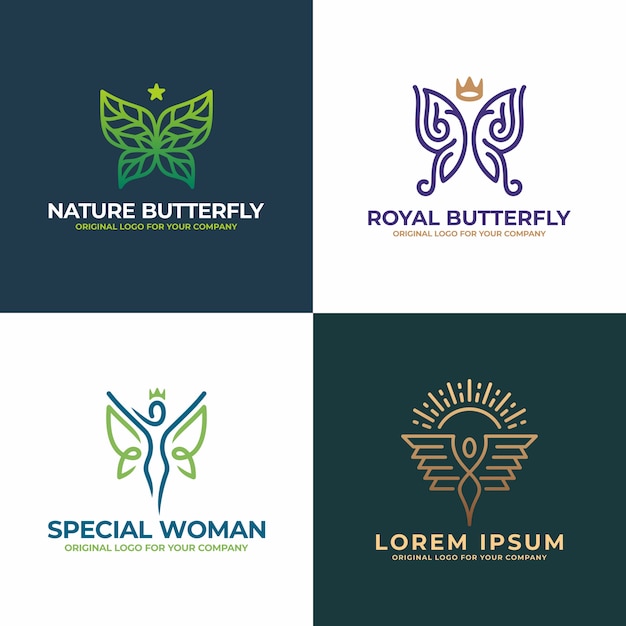 Natuur vlinder, vrouw, gezicht, salon, schoonheid logo design collectie.