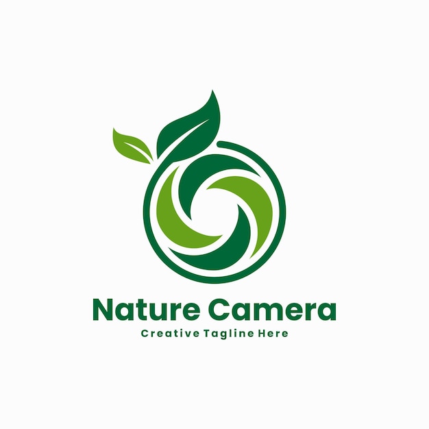 natuurfotografie logo met sluitervorm en groen blad cirkel teken