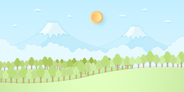 Natuurheuvel, berg, bomen met zon en blauwe lucht, papierkunststijl