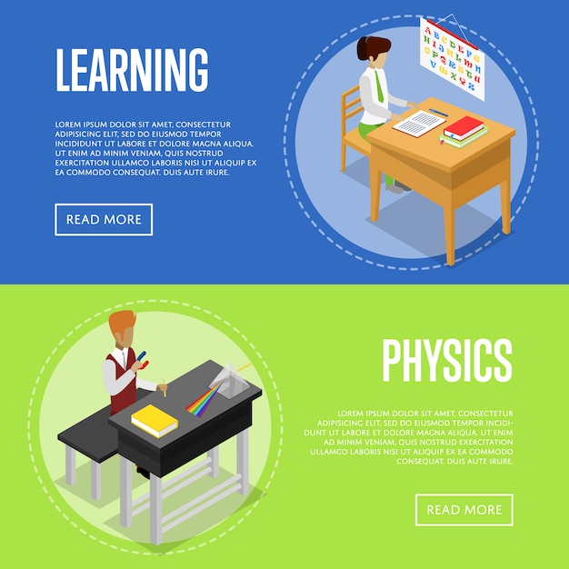 Natuurkunde en taal studeren op school banner web set