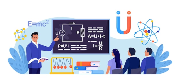 Natuurkunde schoolvak Student studeert elektriciteit magnetisme lichtgolf en kracht in de klas Leraar wijzend op schoolbord lesgeven aan kinderen Mensen aan bureaus leren natuurkunde
