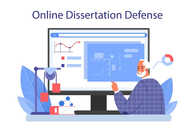 Natuurkundige online service of platform. Wetenschapper verkennen golven en krachten. Theoretische en praktische studie. Online proefschrift verdediging. Geïsoleerde vectorillustratie