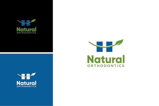 natuurlijk blad orthodontisch logo-ontwerp, beugel glimlach vector