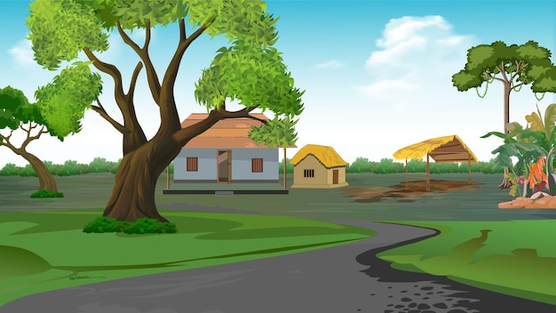 Vector natuurlijk dorpsbeeld met huthuis op de achtergrond