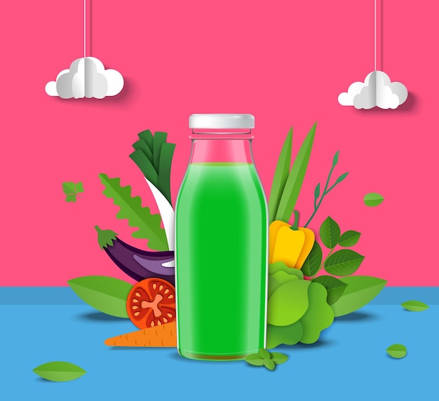 Natuurlijk groentesap promo poster sjabloon groen sap glazen fles verse tomaat wortel selderij ve...