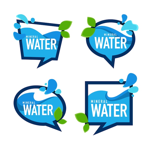 Natuurlijk mineraalwater, vector emblemen, etiketten en stickersjablonen met aquadruppels