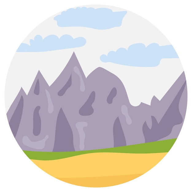 Natuurlijke cartoon landschap in cirkel vectorillustratie in de vlakke stijl met bergen blauwe lucht, wolken en heuvelsxA