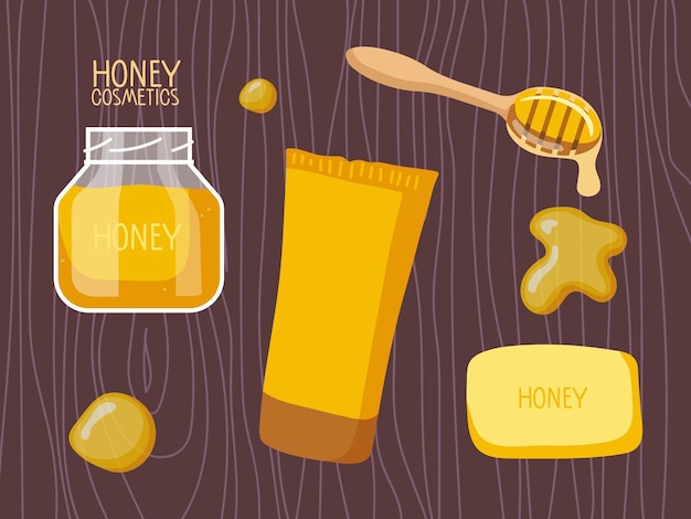Natuurlijke cosmetica met honing. Honingcosmetica, pot, honingdruppels, crèmebuis. Lichaam, gezichtshuid