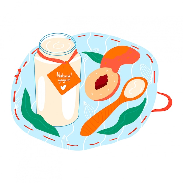 Natuurlijke handgemaakte yoghurt met perzik, glazen pot vers fruit gestremde melk geïsoleerd op wit, cartoon illustratie. Keukenstandaard product met houten lepel.