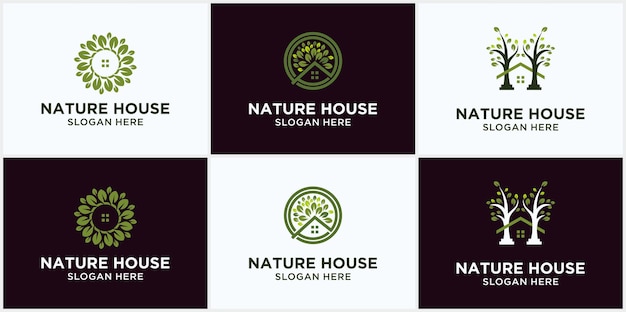 Natuurlijke huis vector logo sjabloon, eco vriendelijke logo. boom en eco home groen blad natuurlijk logo concept.