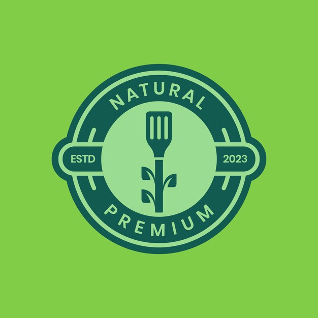 Vector natuurlijke keuken spatel koken bladeren plant groente cirkel badge moderne gekleurde logo ontwerp vector pictogram illustratie