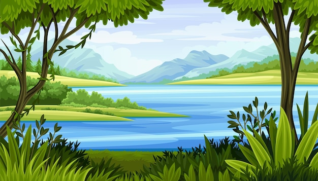 Natuurlijke landschapsbanner Panoramisch prachtig meer en bos Bomen en rivier met blauwe luchten en bergen op de achtergrond Horizontale tropen met water en gras Cartoon platte vectorillustratie