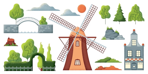 Vector natuurlijke landschapselementen geïsoleerde groene boom berg en stenen landelijk getextureerde objecten platte molen bakstenen brug en huis chic vector set