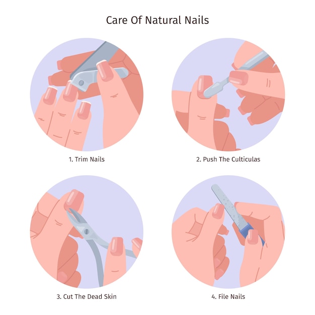 Natuurlijke nagelverzorging Diy manicure gids nagel trimmen cuticles duwen het verwijderen van dode huid filing vingernagel wellness correcte onderhoud stap instructie chique vector illustratie