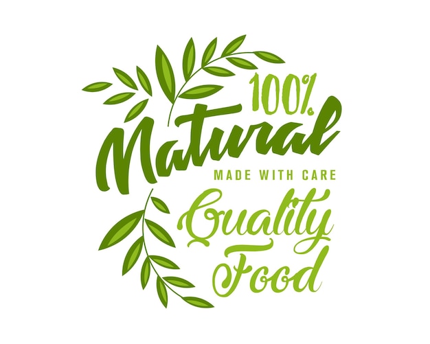 Natuurlijke natuurvoeding label met groene bladeren Natuurproduct badge Vector illustratie