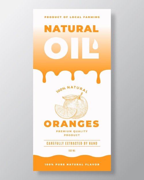 Natuurlijke olie Abstract Vector verpakking ontwerp of label sjabloon moderne typografie verloop druppels en handgetekende sinaasappelen schets silhouet achtergrond lay-out