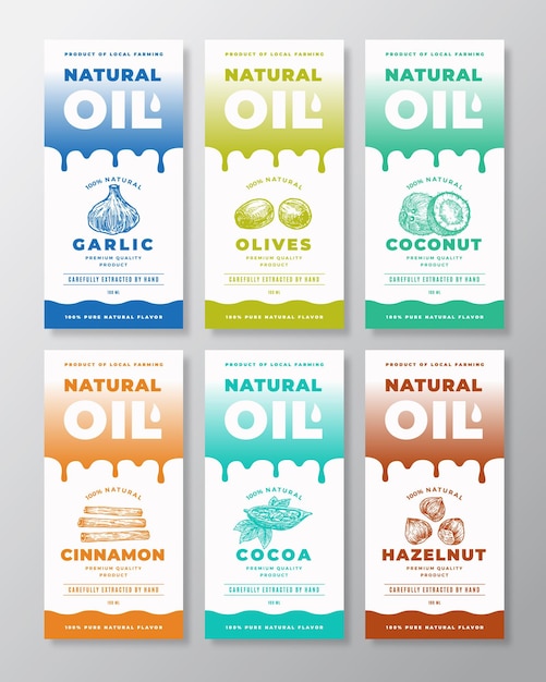 Natuurlijke olie Abstract Vector Verpakkingsontwerpen of Etiketsjablonen Collectie Verloop Druppels en Handgetekende Specerijen Noten Fruit en Groenten Schets Silhouetten Achtergrond Lay-out