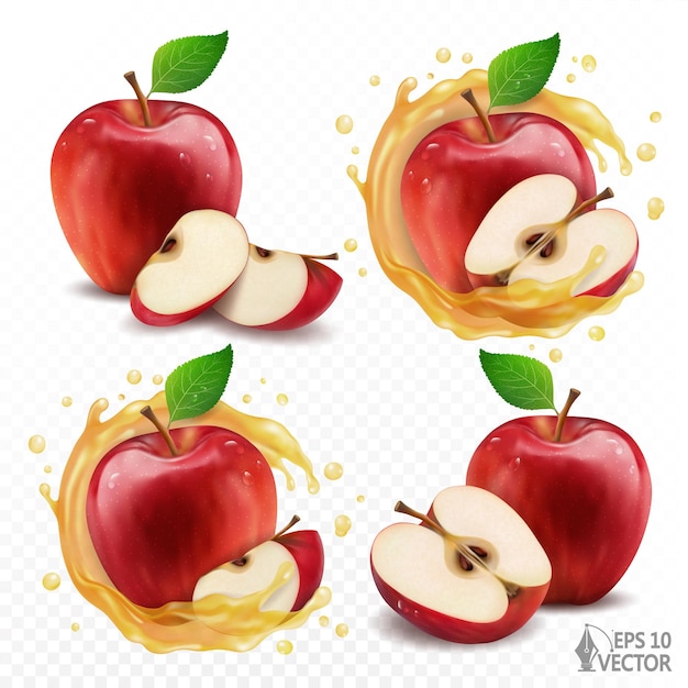 Natuurlijke verse appels met helften en plakjes sappige transparante plons realistische vectorillustratie