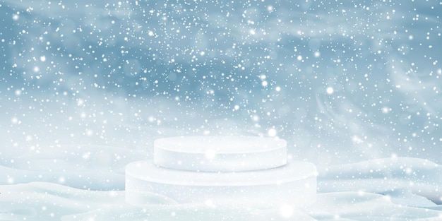 Vector natuurlijke winter kerst achtergrond met realistische kerst winter product podium sneeuw