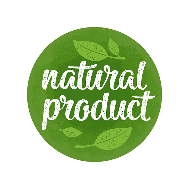 Natuurproduct belettering met blad Vintage vectorillustratie geïsoleerd op groene cirkel sticker