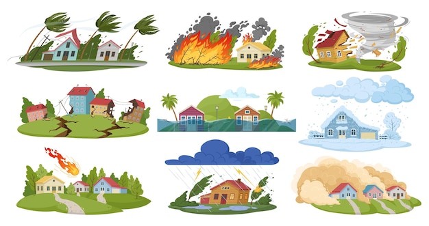 Natuurrampen cartoon schade catastrofe rampen orkaan bosbrand overstromingen aardbeving en sneeuw sneeuwstorm platte vector illustratie set aarde schade ramp collectie