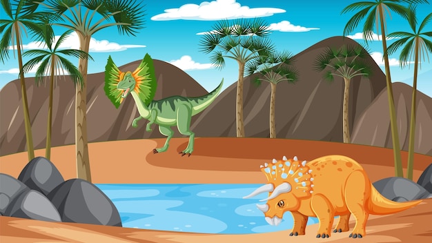 Natuurtafereel met plam en dinosaurus