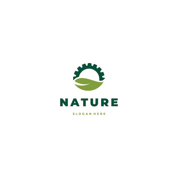 Natuurtechnologie logo tandwielaandrijving gecombineerd met blad icoon schoon industrie concept