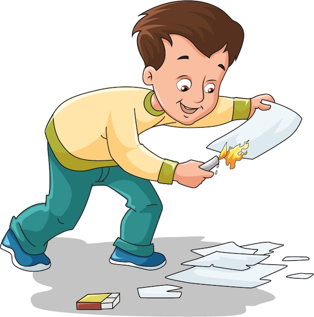 Naughty boy burning a paper with a candle vector illustration