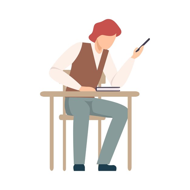 Vector naughty boy sitting at school desk holiding smartphone during lesson vector illustration