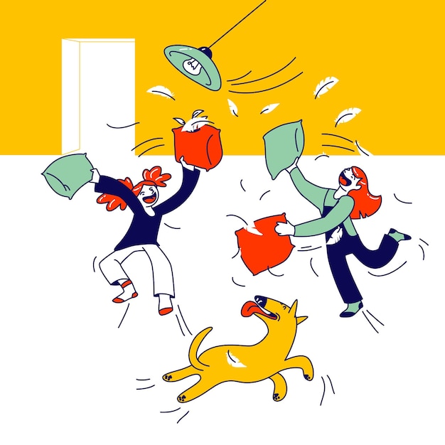Premium Vector | Naughty hyperactive children fighting. little girls  friends or sisters playing, making mess in room. cartoon illustration