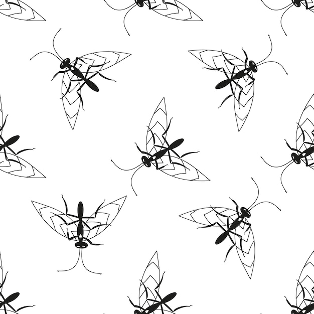 naughty pattern with flies opening their wings, black insects on a white background