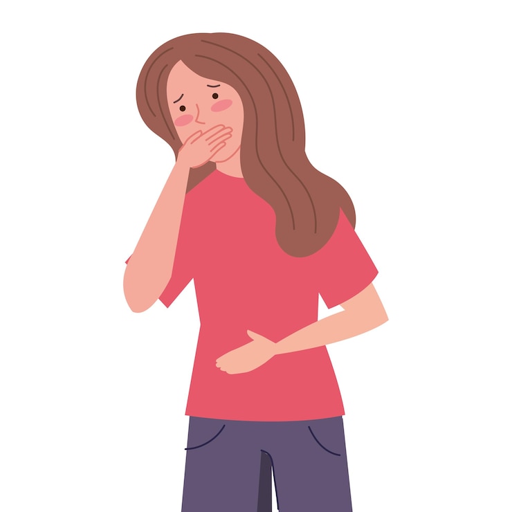 Vector nauseous girl hand in stomach