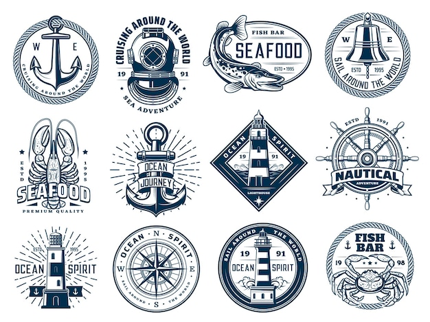 Nautical anchor, ship helm, lighthouse and fish, marine wave icons or t-shirt prints. ocean sailing navigation compass, seafood bar lobster crab and retro aqualung sign for sea diving club