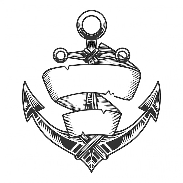 Nautical anchor with ribbon, monochrome retro style image. isolated on white