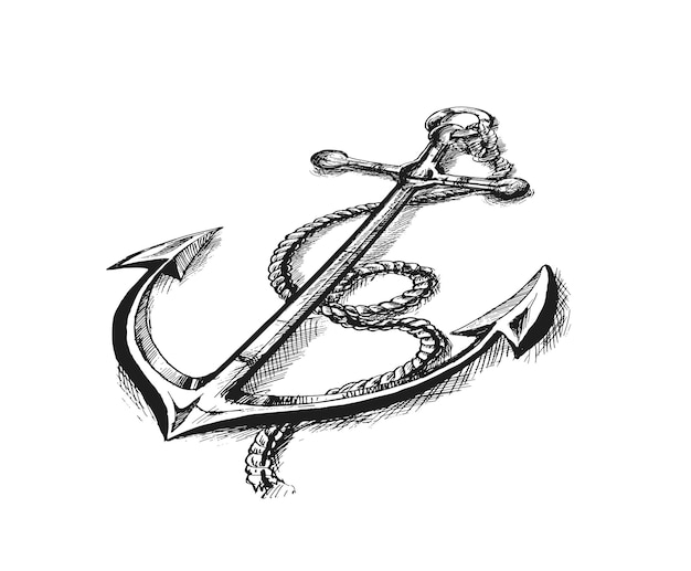 Vector nautical anchor with rope hand drawn sketch vector illustration