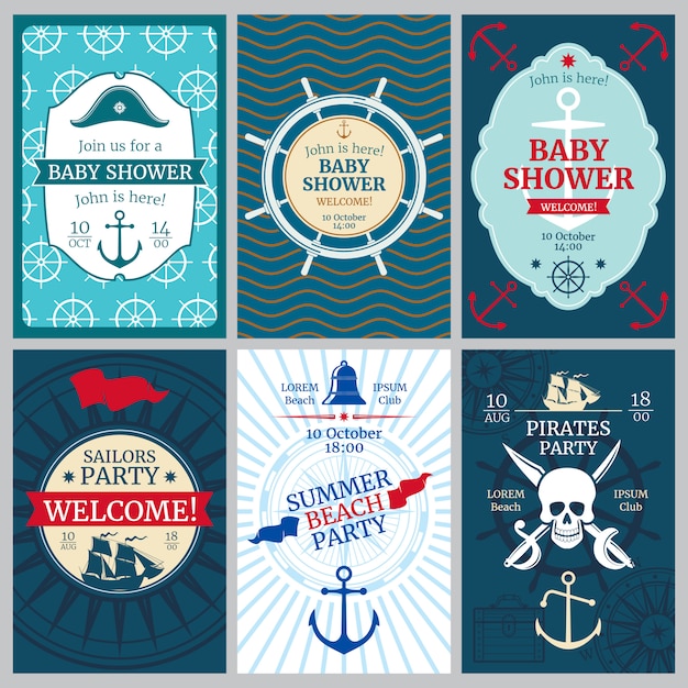 Vector nautical baby shower, birthday, beach party vector invitation cards