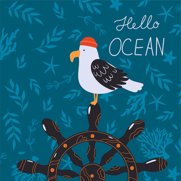 Nautical card with a cute seagull in a red cap sitting on the helm Vector graphics