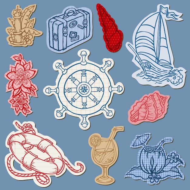 Vector nautical doodles on torn paper- hand drawn collection