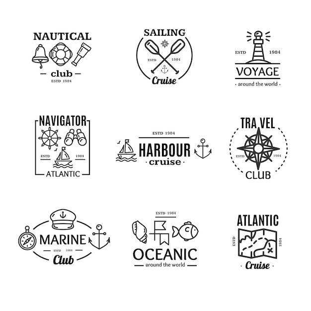 Nautical Emblem Badges or Labels Line Art Set Vector