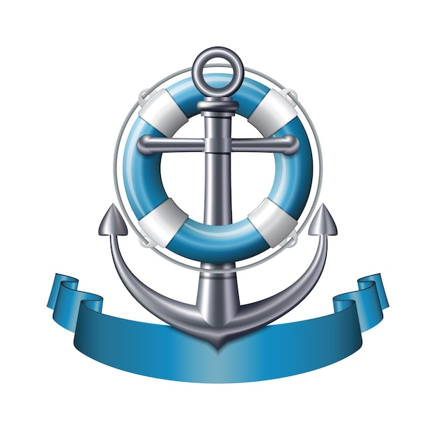 Морская эмблема с якорем, спасательным кругом и голубой лентой, изолированные на белом фоне. баннер морских летних путешествий. векторная иллюстрация